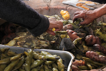 photography of traditional Peruvian food called Pachamanca. Food concept.