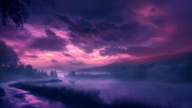 Serene twilight over misty riverbend with vibrant sunset clouds