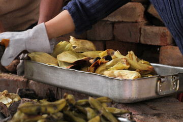 photography of traditional Peruvian food called Pachamanca. Food concept.