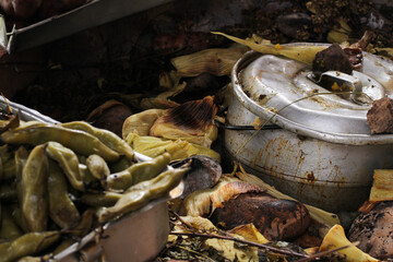 photography of traditional Peruvian food called Pachamanca. Food concept.