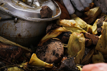 photography of traditional Peruvian food called Pachamanca. Food concept.