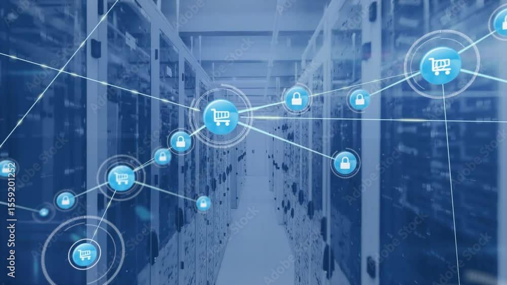 Poster cart icon appearing between server racks initiating network growth with lines linking padlocks