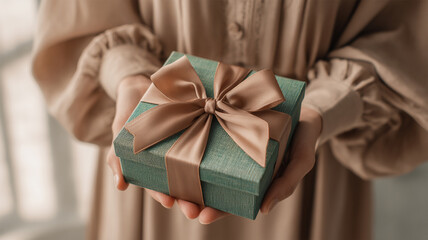 Girl with gift box in hands is happy considers preparation for the holiday, packaging, boxes, Christmas, New Year, lifestyle, holiday, vacation,