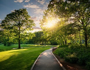 Obraz premium landscape with a walking path through a park, trees, and sunlight, promoting outdoor activity and wellness