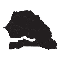 Political and geographical map of Senegal with regions, borders, cities, rivers, and coastline details

