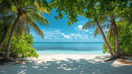 Fototapeta na wymiar Tropical Beach Scene with Palm Trees and Blue Sky in Paradise Setting