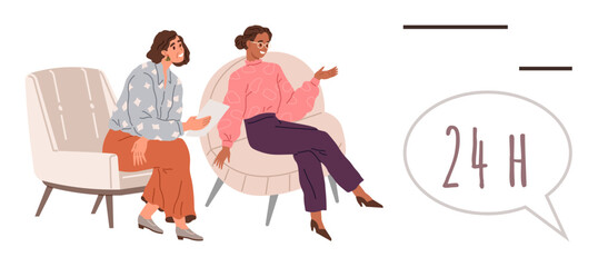 Two women seated on armchairs engaged in discussion, one holding a paper. A speech bubble with 24H emphasizes constant communication. Ideal for teamwork, consultation, brainstorming, support