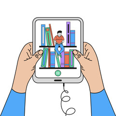 Hands holding a tablet displaying a virtual bookshelf, with a young man sitting on a shelf reading a book.