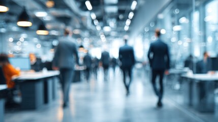 A blurry image of a busy office with people walking around. Scene is busy and professional