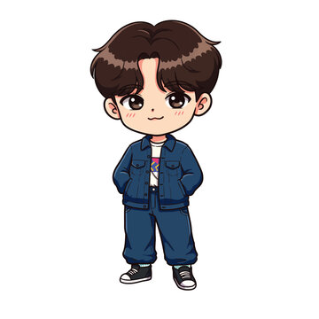 Stylish K-Pop Chibi Male Character in Denim Jacket Vector