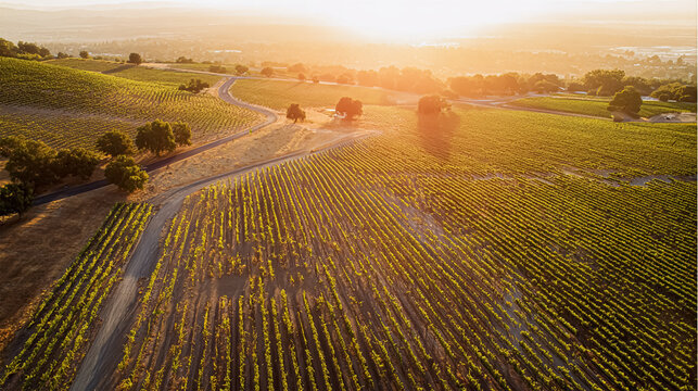 vineyard landscape at sunset view from above