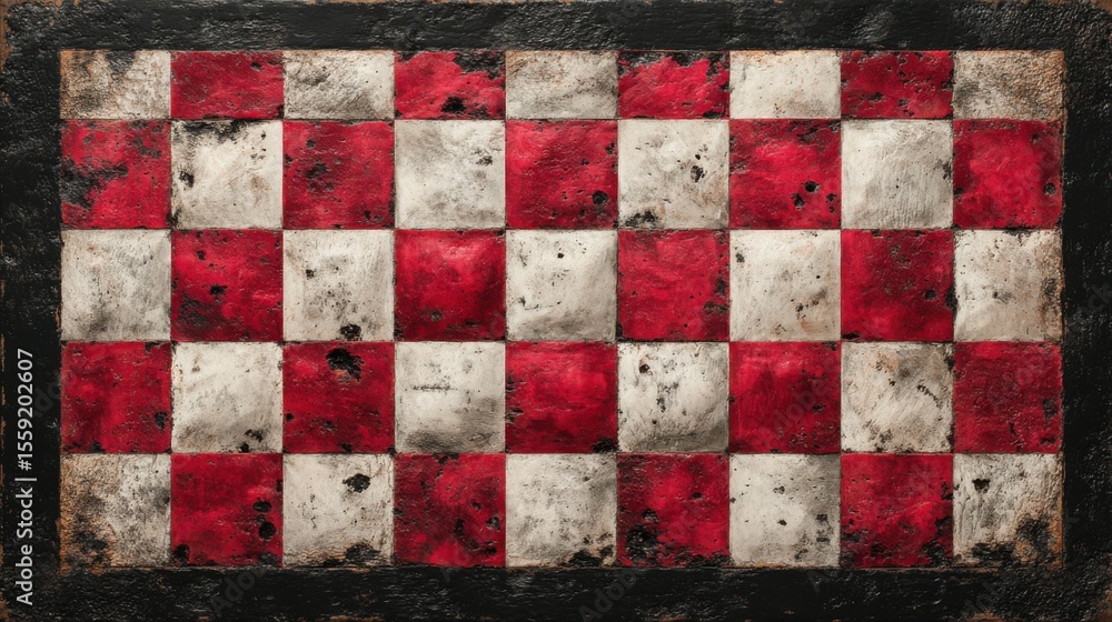Poster a checkered patterned floor with red and white squares. the floor is old and worn, with some of the 
