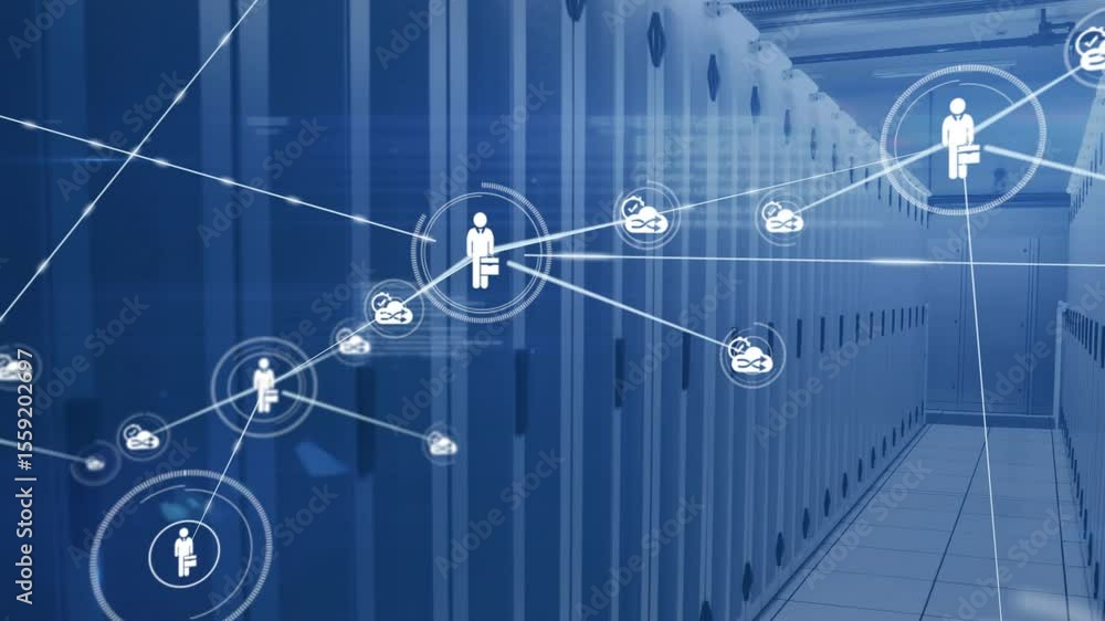 Poster reticle fading in starting person icons connecting clouds, showing network links over server racks