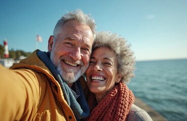 Happy senior couple takes selfie on sunny day near sea. Elderly man, woman smile joyfully outdoors. Smiling faces radiate happiness, love. Relationship, vacation, travel, leisure, joyful moments.