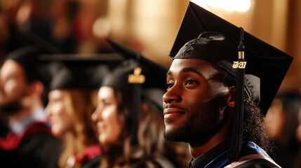 Fototapeta premium Graduation ceremony with proud student wearing cap and gown at university auditorium in spring season