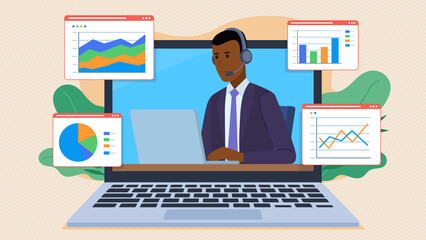 Employee in headset on laptop screen works and analyzes data and charts. Flat design illustration.  Office and data analysis. Charts with marketing results and stock market.