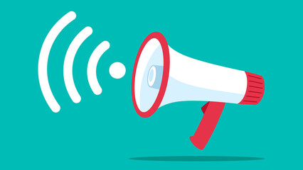 Megaphone vector graphic. Megaphone with white and red color, with signal icon. Flat design style illustration. Communication, warning, online connection.