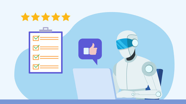 Checklist with all the fields filled in positively. Correctly performed test. Ai bot working on a computer at a desk and analyzing data. Next to it is a hand with a thumbs up, and this to the list. 