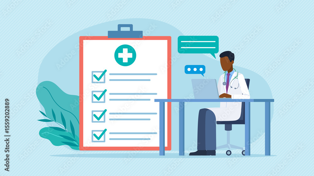 Poster next to the doctor is a list with marked answers. illustartion graphics in flat design style. there 