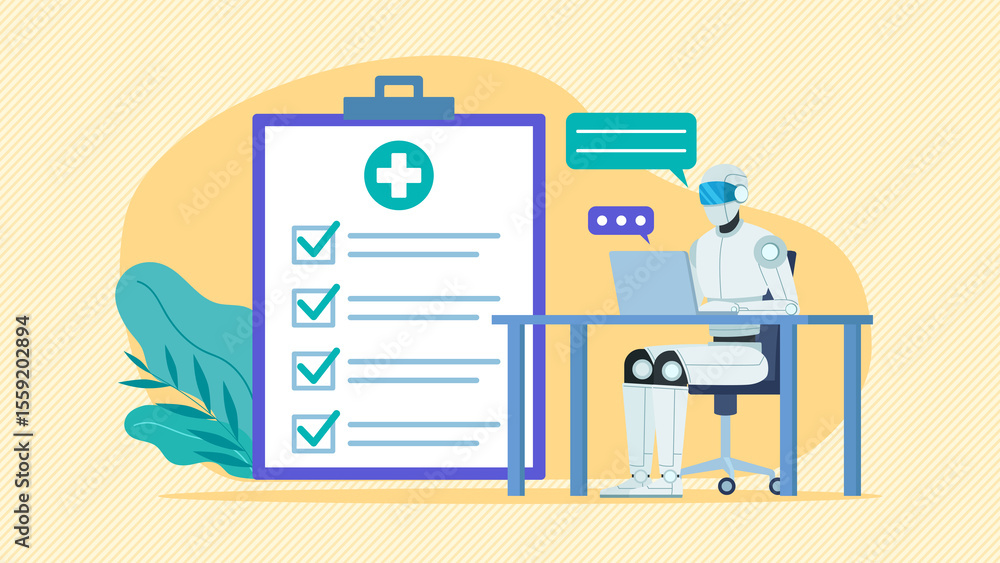 Fototapete flat design illustration. ai robot working on computer. next to the robot is this to lists with all 