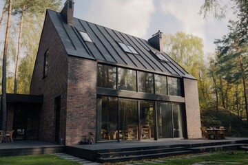 A contemporary brick house featuring expansive glass windows is nestled among trees, creating a serene atmosphere in a tranquil forest, bathed in the warm glow of the afternoon sun