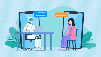 AI doctor bot working on laptop and talking to patient. Medical help of the future. Flat design illustration. Sick woman connects to teleconsultation with ai application. 