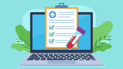 Illustartion graphic in flat design style. Blood test result graphic. Checklist on laptop screen with blood sample above it. Blood test, good result. Medical test result. 