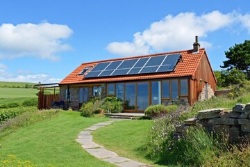 Obraz premium Solar-powered cottage nestled in lush greenery showcases sustainable living in a serene countryside setting under a bright blue sky