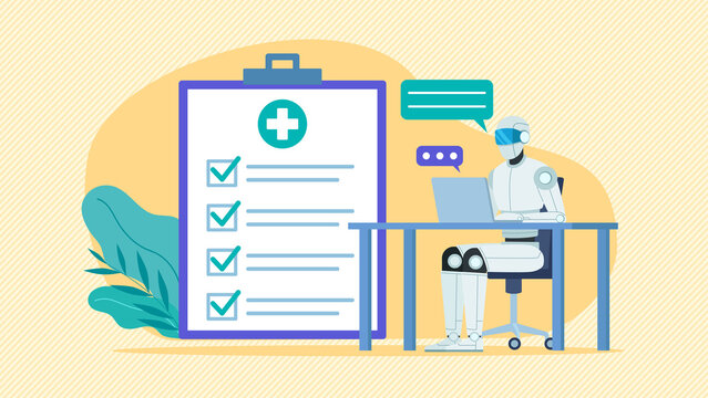 Flat design illustration. Ai robot working on computer. Next to the robot is this to lists with all checkers marked. Communication with the client and performing tasks. 