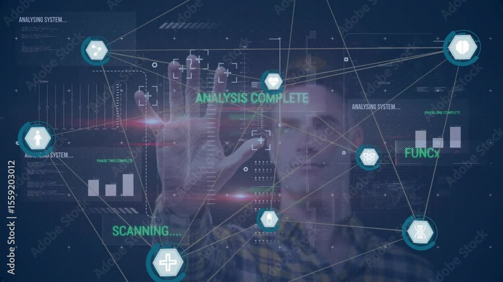 Poster man raising right hand initiating holographic scanning, analysing data with pulsing hexagon nodes