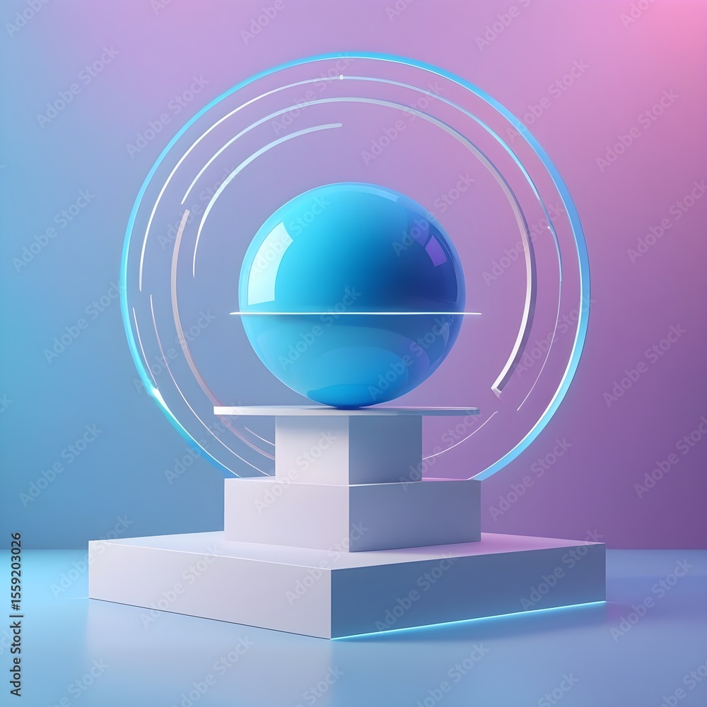 Fototapete a futuristic 3d holographic podium with a neon blue sphere on an abstract background. modern and min