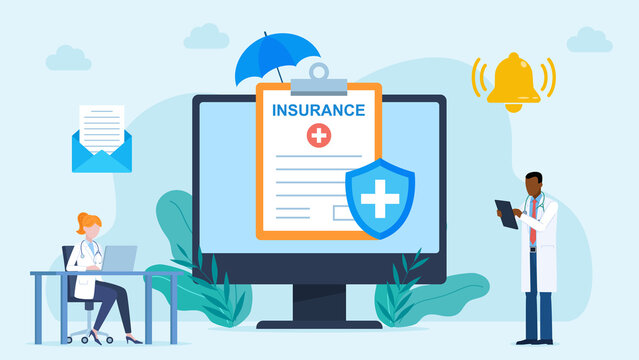 Two doctors working at the monitor. Patient data and protection. Insurance document on the monitor screen. Next to it stands a doctor with a tablet, and on the other side a nurse works on a laptop. 
