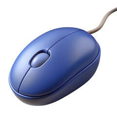 A blue wired computer mouse with a scroll wheel isolated on transparent background