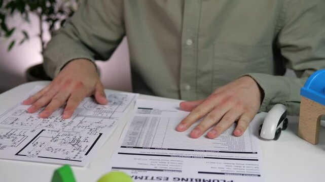 A man gets acquainted with the utility network diagram and the estimate for construction work. Preparation of design and estimate documentation for repair, modernization or reconstruction 