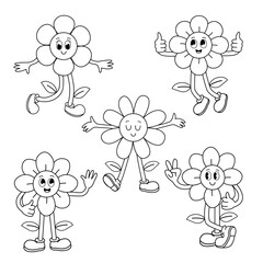 outline set of isolated fun groovy cartoon character flowers