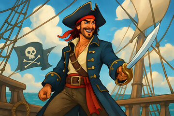 Artistic illustration of a cartoon pirate with a sword during a fight