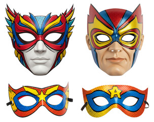 Colorful superhero masks displayed on transparent background  