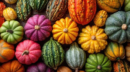 A colorful assortment of pumpkins and squash on a table. The variety of colors and shapes create a vibrant and lively atmosphere