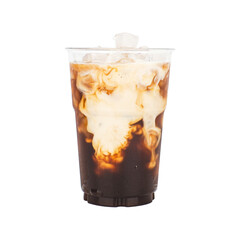 Iced of latte coffee cup on plastic glass cup isolated white background.