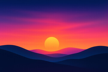 Fototapeta premium Vibrant Sunset Over Mountain Silhouette: A breathtaking digital artwork presents a radiant sun descending over the layered silhouettes of rolling hills, under a sky ablaze with fiery hues.