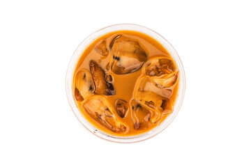 Top view Ice coffee texture in the cup isolated white background.