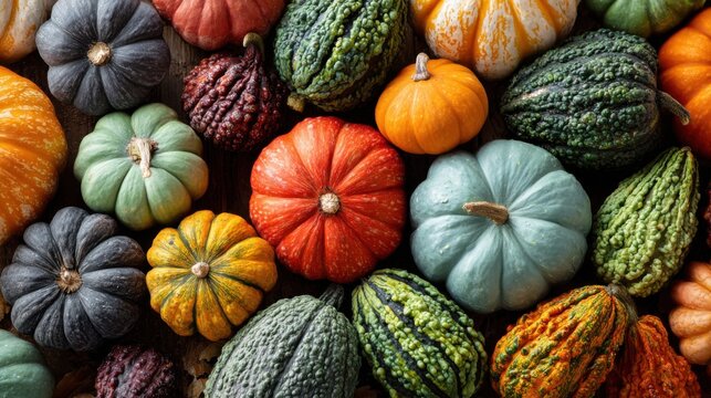 A colorful assortment of pumpkins and squash on a table. The variety of colors and shapes create a vibrant and lively atmosphere