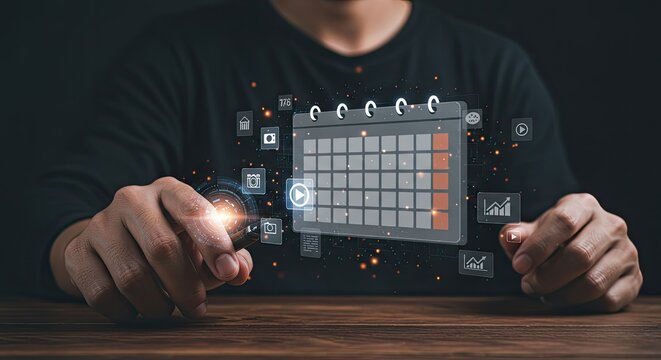 Social Media Content Planning and Management Strategy: Creator Planning a Social Media Schedule on a Holographic Calendar with Icons for Posts and Engagement Metrics.