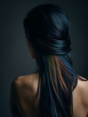 Fototapeta premium hairstyle, rainbow color hidden under natural dark hair
