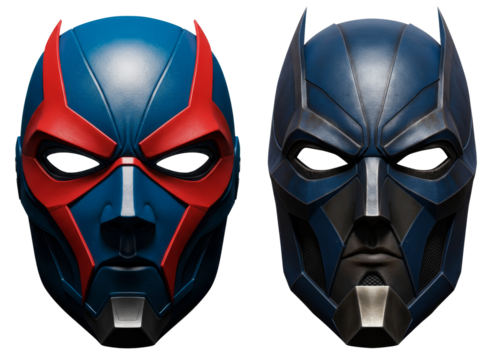 Superhero masks in red and blue colors, concept of comic con on transparent background  