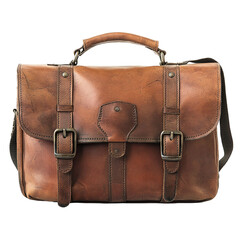 Distressed brown leather satchel bag with buckles and shoulder strap ideal for travel or work