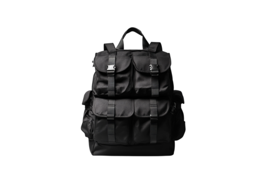 A black backpack with multiple pockets and two shoulder straps, centered on the white isolated with a black border isolated on a transparent background in PNG format