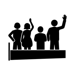 Silhouettes of neighbors waving to each other from behind a fence  