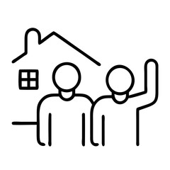 Two people waving in front of a house icon, vector, housewarming  