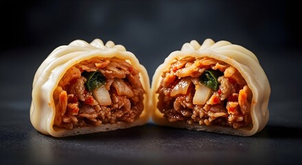 Steamed Korean kimchi dumpling filled with pork and vegetables
